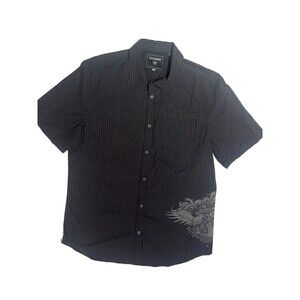 Y2K VTG Ocean Current Blk Pin Stripped Button Down Graphic Shirt MD Goth Skater
